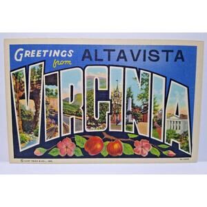 Greetings From AltaVista Virginia Large Big Letter Linen Postcard Curt Teich